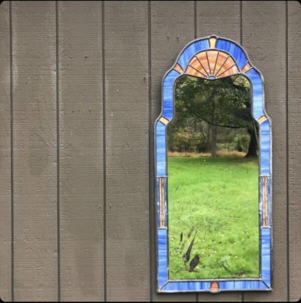 Vintage Leaded Glass Mirror - Blue & Coral